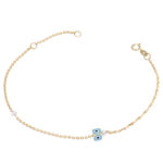 Χρυσό Βραχιόλι Κ14 με Γαλάζιο Ματάκι και Μαργαριτάρι