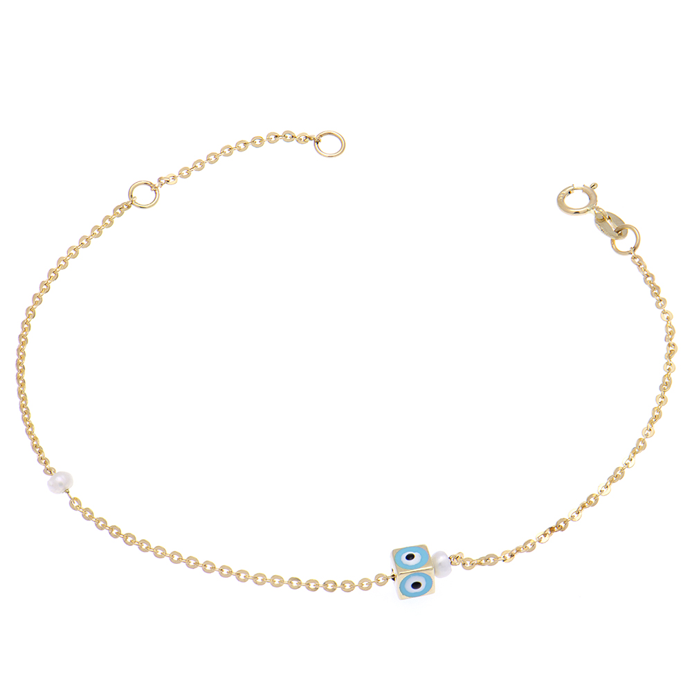 DIMITRIOS K14 ΒΡΑΧΙΟΛΙ 11 Χρυσό Βραχιόλι Κ14 με Γαλάζιο Ματάκι και Μαργαριτάρι - Image 1